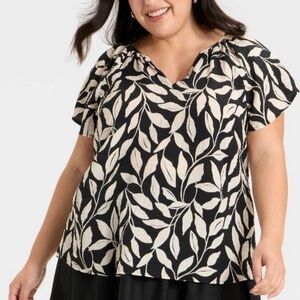 Ava & Viv sz 3X Black Cream Leaf Print Flutter Short Sleeve Top NWT